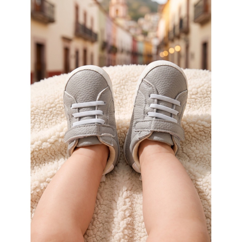 Grey Pebbled Faux Leather Baby Sneakers Hook and Loop Soft Sole Crib Shoes S4